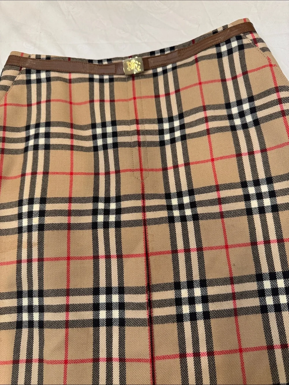 Authentic Burberry Beige Plaid Pencil Skirt with Red and Black Accents
